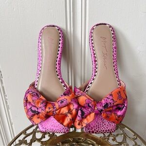 Betsey Johnson Satin Bow Pink and Orange Square Toe Sandal Flats